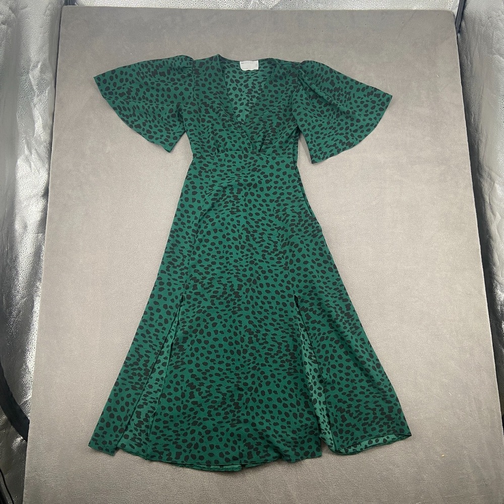 ASOS DESIGN Wrap Maxi Dress Women 4 Green Black Animal Print Angel Sleeve V-Neck